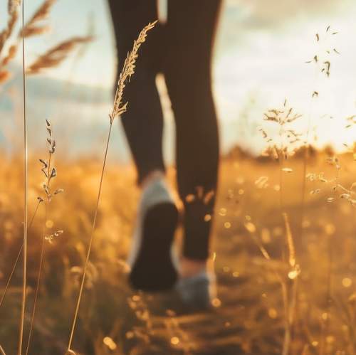 Woman Walking Through Field at Sunset